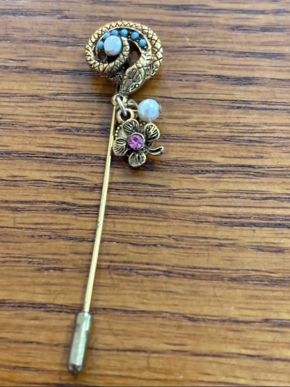 Gold-Tone Snake Stick Pin Brooch with Turquoise, Pink and Pearl Accents